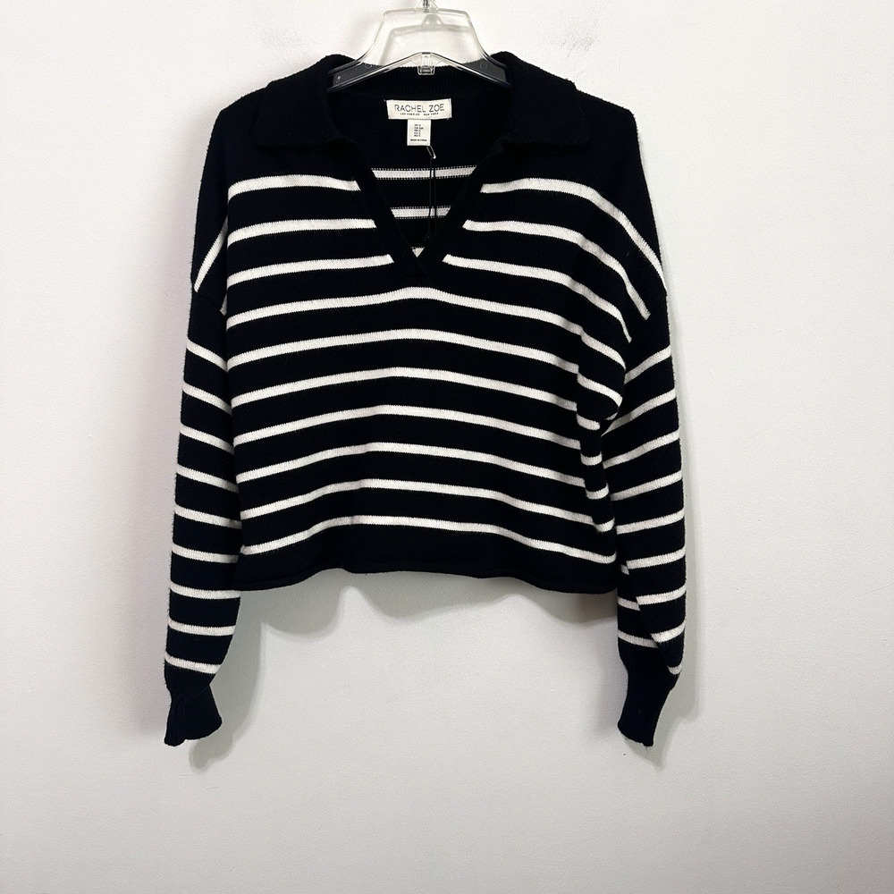 Rachel Zoe V Neck Sweater S Black White Stripe V Neck SOFT Crop Long‎ Sleeve NEW